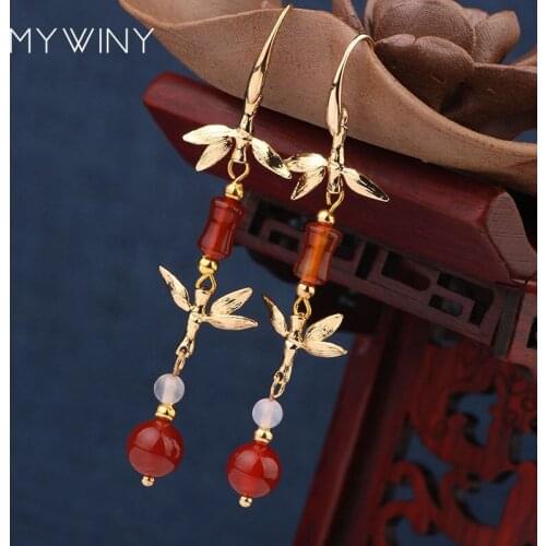 MYWINY NEW copper flowers jewelry nature stones tube fashion vintage elegance earrings