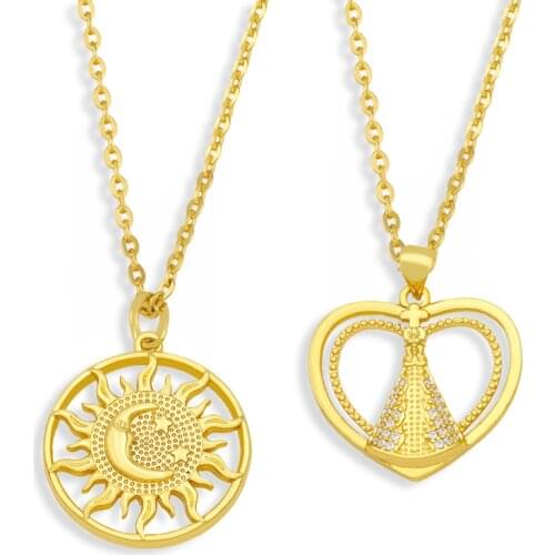 EYIKA Gold Color Round Moon Sun Star Pendant Necklace for Women Pave Zircon Double Heart Collares De Moda Crystal Jewelry Gift