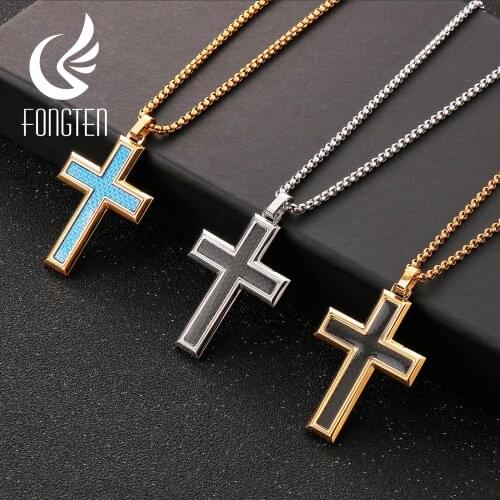 Fongten Big Cross Men Pendant Necklace Jesus Charm Religious Hip Hop Stainless Steel Classic Fashion Jewelry