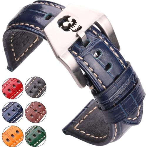 6 Colors Cowhide Watchbands 22mm 24mm Genuine Leather Women Men Watch Band Strap Metal Skull Hollow Buckle Watch Accessories