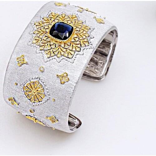 Renaissance Sapphire Blue Gem CZ Blossoms Floral Wide Bangle Iconic Dream Bracelet 925 Silver Wedding Party Bracelet C11B2S25443