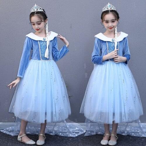 Snow Queen Anna Elsa 2 Christmas Dress Kids Halloween Carnival Elza Girls Crystal Blue Long Sleeve Elsa Dress Costume roupas