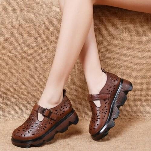 Comfortable Genuine Leather Women Sandals 2021 Summer Thick-soled Platform Wedge Heel Short Shoes Round Toe Sandalias De Mujer