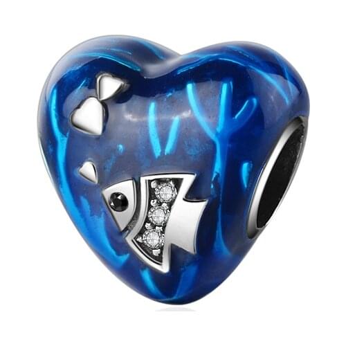 925 Sterling Silver Heart Shape Charms Beads with Blue Enamel Fit European Charm Bracelet Fashion Jewelry Making for Women Gift