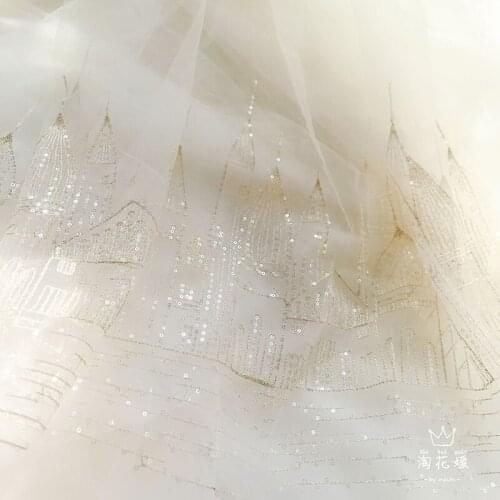 Gold Sequin Embroidery White Lace Net Fabric Soft DIY Wedding Dress Cloth Material Fireworks and Castles Pattern