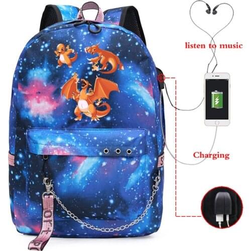 Pokemon Women Webbing Backpack Pikachu Charizard Eevee Anime Cartoons Canvas Waterproof Shopping Travel Bags with USB Charger