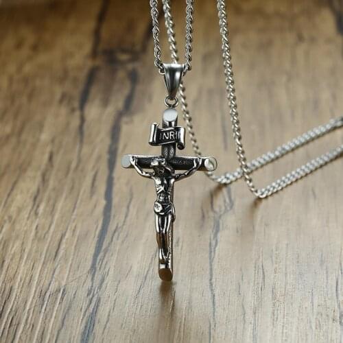 Vintage Cross Jesus Pendant Necklace Women Men INRI Christian Religion Stainless Steel
