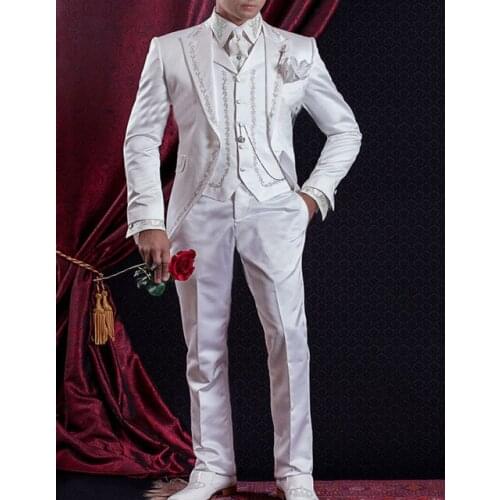 Vintage White/Black/Blue Wedding Groom Tuxedos Embroidery Peaked Lapel Three Piece Custom Made Men Suits (Jacket + Pants + Vest)
