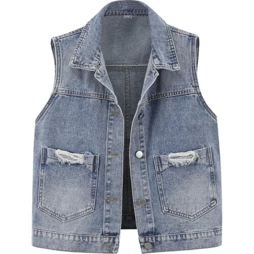 Spring new women print short sleeveless jacket with ripped pockets all-match slimming denim top fashion jacket