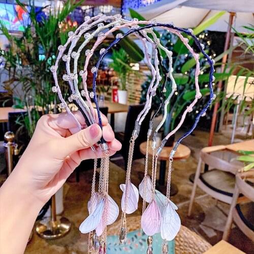 Korean Tassels Pearl Hairband For Women Flower Butterfly Earring Headband Girls Rhinestone Hair Hoop Bezel Headdress Accessories