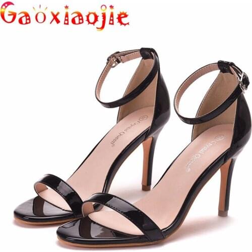 Women Black Buckle Strap Sandals 2021 New Summer Sexy One Word Band 8CM High-Heel Shoes Simple Pure Colour Cover Heel Stilettos