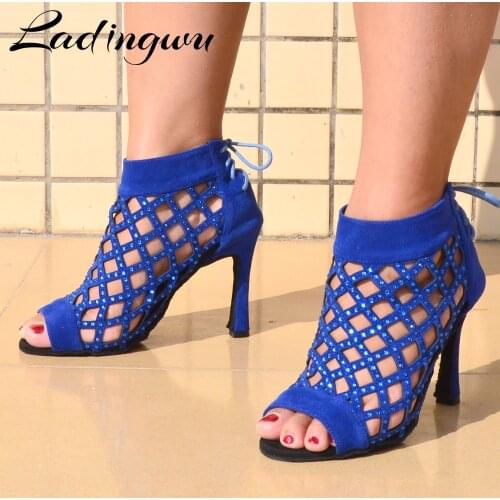 Ladingwu Dance Shoes Tango Ballroom Ladies Latin Dance Shoes For Women Blue Suede With Rhinestones optional Dancing Sandals