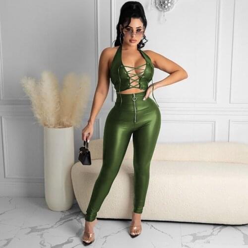 Black PU Leather Sexy 2 Piece Sets Womens Lace Up Bandage Tank Top Pants Leggings Skinny Sports Suit Festival Outfits New