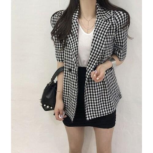 Chic classic plaid lapel small suit 2021 summer new thin coat short sleeve women long summer casual ladies small suit short