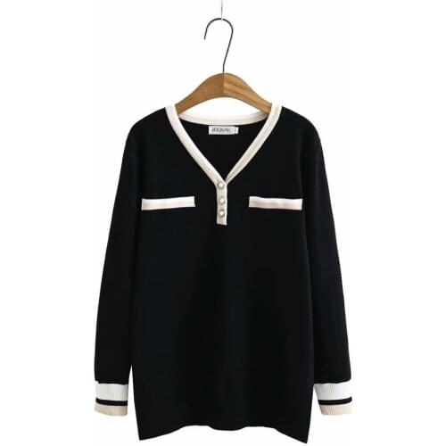 Plus size Solid black white V neck knitted women loose sweaters 2021 new winter casual ladies pullovers female tops