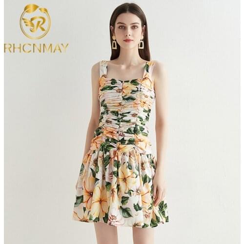 2021 New Summer Women Romantic Flowers Printed Mini Dress Spaghetti Strap Sleeveless Fashion Draped Holiday A Line Dresses