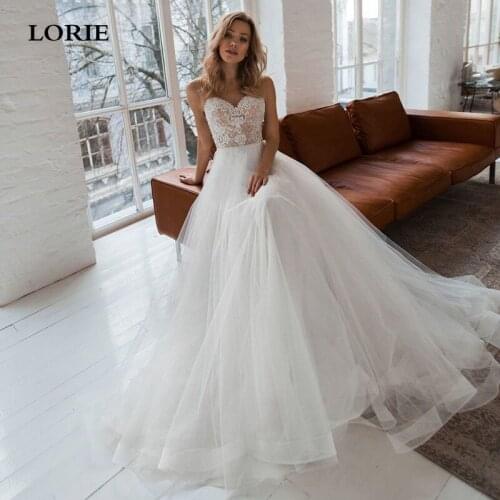 LORIE Elegant Lace Wedding Dress Nude Mesh Sweetheart Neck Puff Tulle Boho Wedding Bridal Gowns Floor Length Vestido De Novia