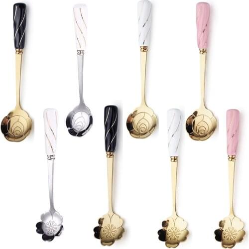 1PCS Stainless Steel Cute Flower Spoon Ceramic Handle Spoon Mixing Spoon Elegant Coffee Dessert European Style Ice Cream Spoons