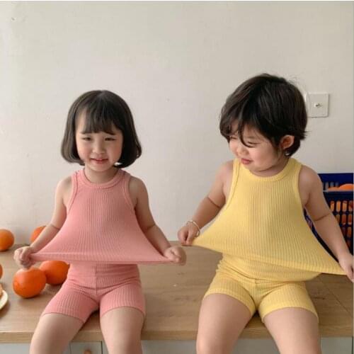 2021 New Girls Boys 2 Pcs Ribbed Set Vest +Shorts Cotton Summer Soft Fashion Kids Suits 2-7 years CY829