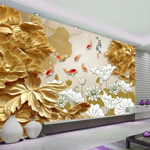 Custom wallpaper 3d 3d high-end three-dimensional wood carving Peony Wing Huan fish living room bedroom TV background wallpaper