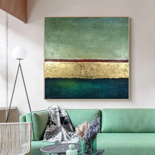 Handmade Abstract Oil Painting Wall Art Modern Minimalist Gold Foil Green Color Picture Canvas Home Decor For Living No Frame