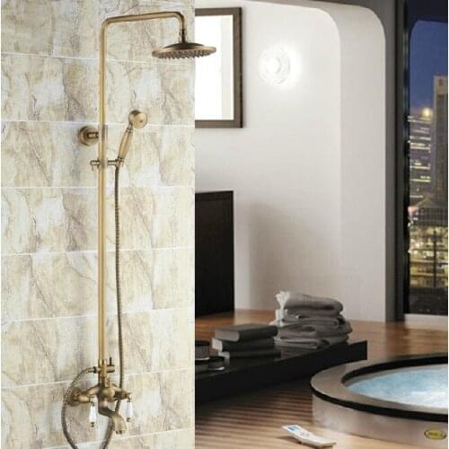 Antique Brass Two Ceramic Handle Bathroom Rain Shower Faucet Set Tub Mixer Tap + 8" Round Rain Shower Head + Handshower ars042