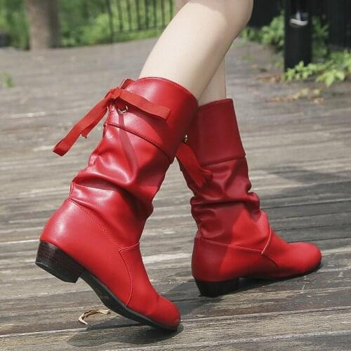 Women Mid-Calf Boots Fashion Pu Leather Non Slip Back Lace Up Autumn Booties Casual Platform Square Heels Black White Red Shoes