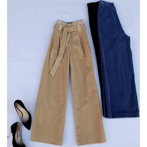 Spring Autumn New Office Lady Professional Wide Leg Pants Women Retro Belted Loose Cordoroy Trousers