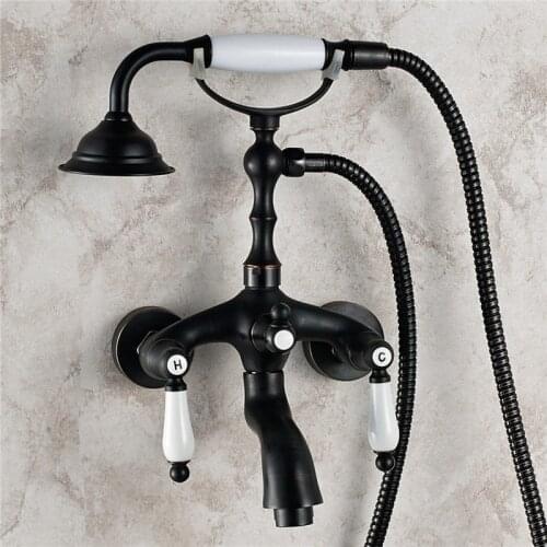 Black Brass Bathtub Faucet Dual Ceramic handle Bath Shower Mixer Tap with Hand Shower Wall Mount Swivel Spout Tub Faucet
