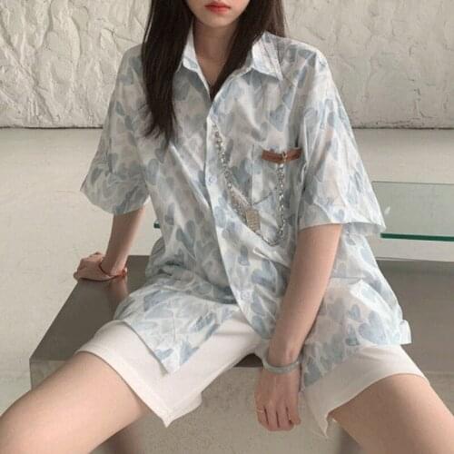 Deeptown Heart Print Graphic Cardigan Harajuku Short Sleeve Shirt Summer 2021 Beach Style Y2k Pink Blouse Button Up Tops Casual