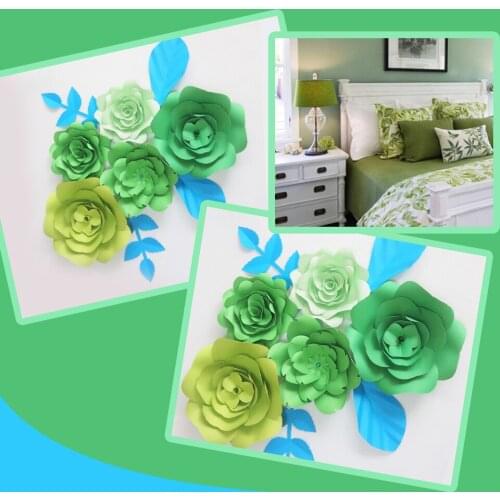 DIY Giant Paper Flowers Artificial Rose Fleurs Artificielles Backdrop 5pcs+ 4 Leave Wedding Party Decor Nursery Mix Light Green