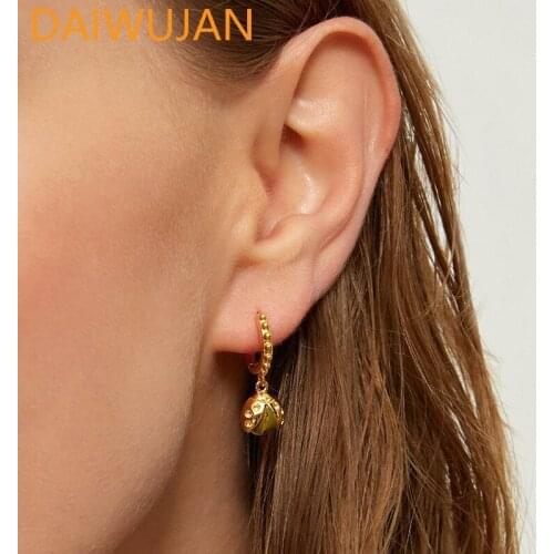 DAIWUJAN Personalized Gold Multicolor Oil Ladybug Charm Hoop Earrings for Women 925 Sterling Silver Round Beads Insect Earrings