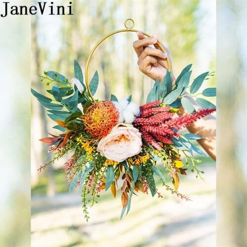 JaneVini Silk Bride Flower Wreath Basket Bridal Bouquet Artificial Round Wedding Flowers Bridesmaid Bouquet Hand Garland Bukiety