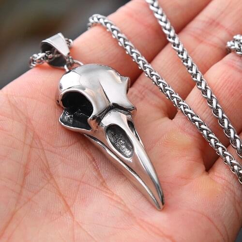 Viking Crow Skull Necklace Men Chain Vintage Stainless Steel Odin Crow Necklace Pendant Fashion Biker Goth Accessories