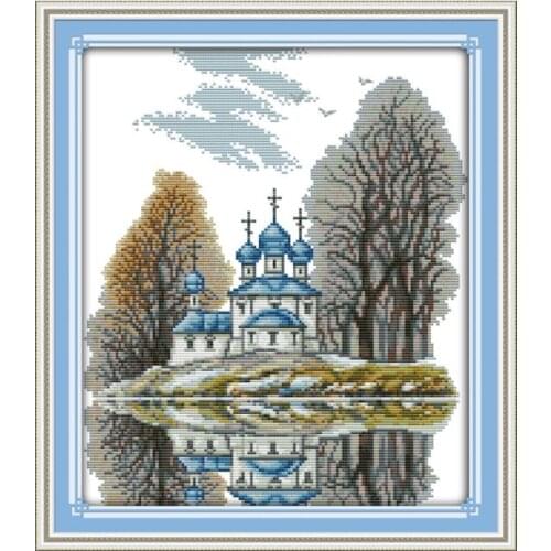 Beautiful scenery cross stitch kit diy, blue castle European furniture sewing handmade embroidery decoration hanging paintings