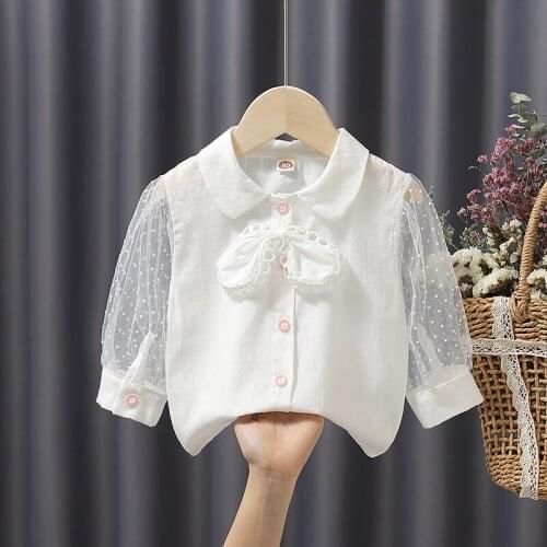 New 2021 Autumn Kids Clothes Girls Puff Sleeve White Blouse Baby Toddler Sun Protection Shirt Children Bow Blusas 12M-7Y