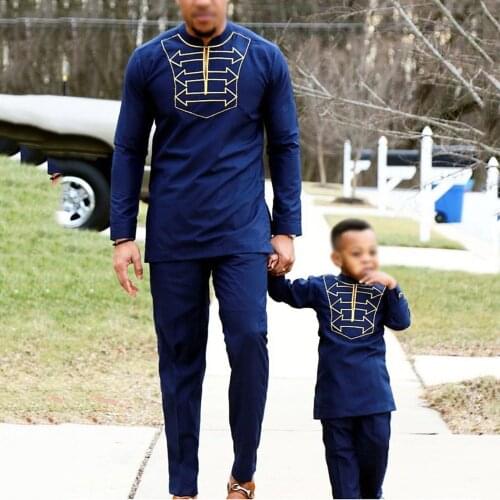 H&D men kid boy african clothes long sleeve t shirt pants suit for male father son dashiki embroidery clothing party wears 2020