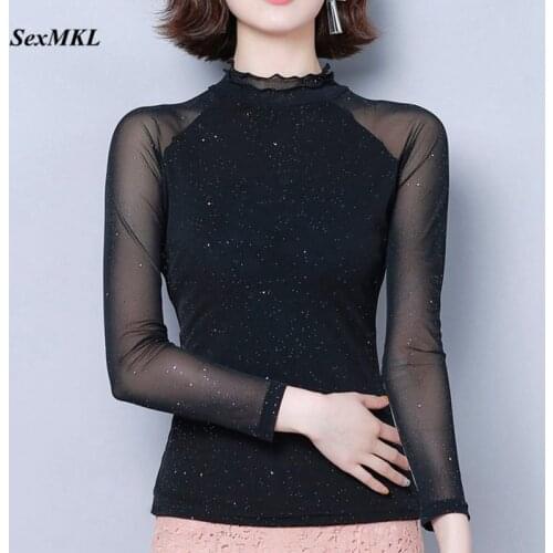 Plus Size Women Long Sleeve Black Blouse 2020 Elegant Fashion Sexy Mesh Casual Tops Office Ladies Shirts Transparent Blouses
