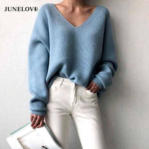 JuneLove Autumn Women Blue V-neck Pullover Sweater Lazy oaf Loose Solid Color Casual Sweater Oversize White Black Pullovers Tops