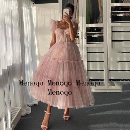 Blush Pink Short Prom Dresses 2021 Off Shoulder Tiered Skirt A-Line Party Dresses Pleated Tea-Length Tulle Formal Gowns