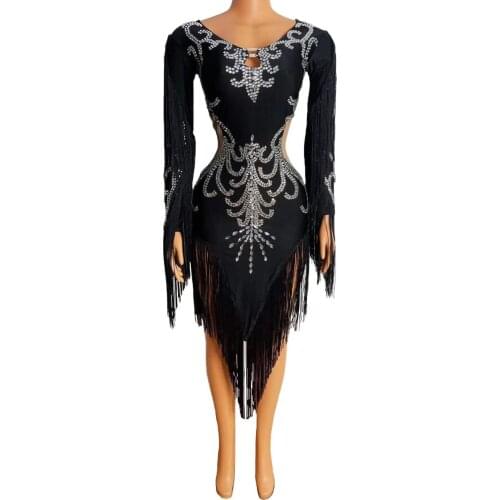 Silver Rhinestone Long Sleeve Fringes Spandex Dress Bar Women Dancer Evening Outfit Birthday Celebrate Latin Dress