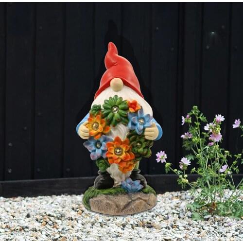 Solar Gnome Statue with Succulent Wreath and 7 LED Lights-Outdoor Lawn Decor Dwarf Figurine for Patio,Balcony,Yard