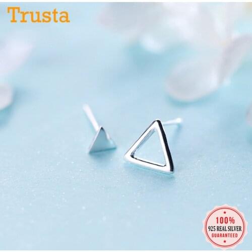 Trusta 100% 925 Solid Real Sterling Silver Women Jewelry Fashion Asymmetric Hollow Triangle Stud Earring For Daughter Girl DS287