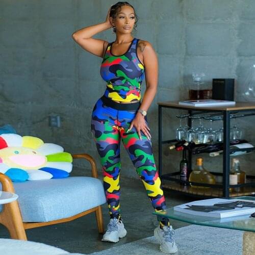 Womens Tracksuit Camouflage Print Sleeveless Bandage Tank Top and Stretchy Skinny Legging Casual Fitness Two Piece Sport Suit