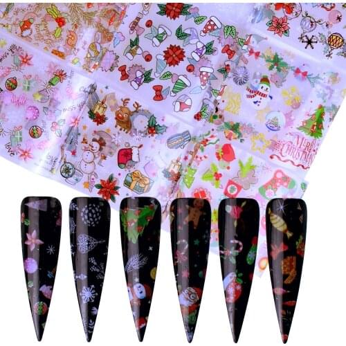 10pcs Christmas Decorations for Nails Mix Colorful Transfer Nail Foil Sticker Snow Flower Elk Gift Santa Adhesive Paper