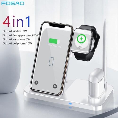 FDGAO 4 in 1 Wireless Charger 10W Fast Charging Stand for iPhone 11 XS Max XR X 8 for Apple Watch 5 4 3 2 Airpods Pro Pencil Pad