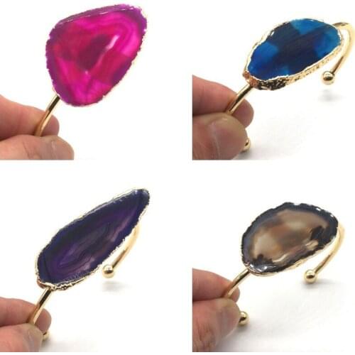 KFT Natural Irregular Agates Slices Stone Bangle Half Open Bangles for Women Gold Color Charms Bracelet Gift