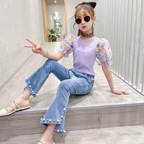 Childrens Clothing Girl Clothes Suit 2021 Summer Little Girl Sleeve Short T-shirt + Jeans 2PCS Outfits for Teenage 8 10 12 Year