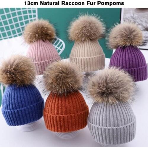 Children Winter Knitted Beanies with 13cm Natural Raccoon Fur Pompoms Boy Girl Casual Removable Knitting Hat Skullies Ski Caps