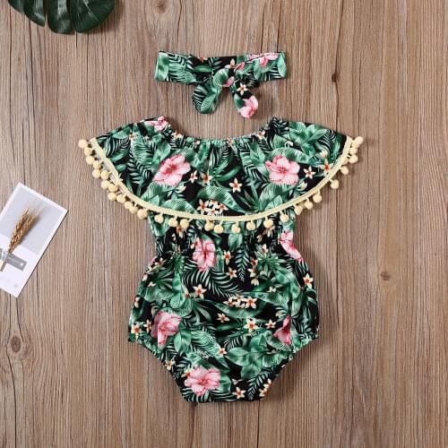 2PCS Newborn Baby Girls Clothes Off shoulder Flowers Tassels Rompers Jumpsuits + Headband Outfits Baby Summer Clothing 0-24M